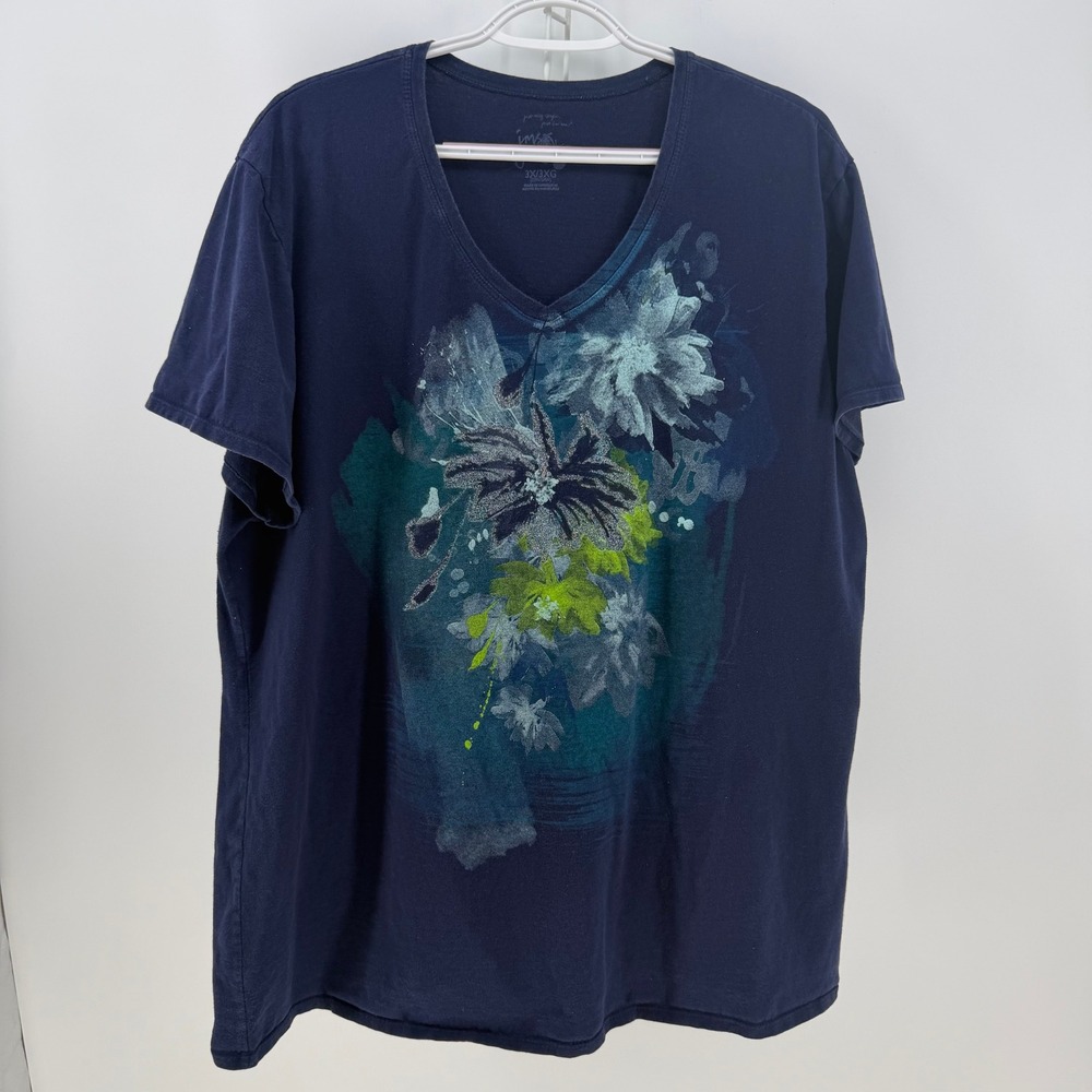 Just My Size T-Shirt Womens 3X Navy Blue Floral Graphic V-Neck Cotton Casual Tee